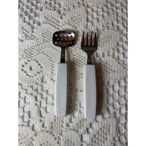 1980s The First Years Baby Spoon Fork Set SS Japan Handle Slotted Perforated